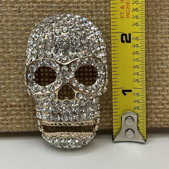 Clear Rhinestones Gold Tone Skull Bling Bling Wrist Buckle W/ Bracelet Strap - Picture 9 of 12